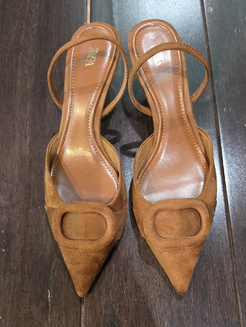 Zara Tan Suede Pointed Slingback Heels with Square Accent